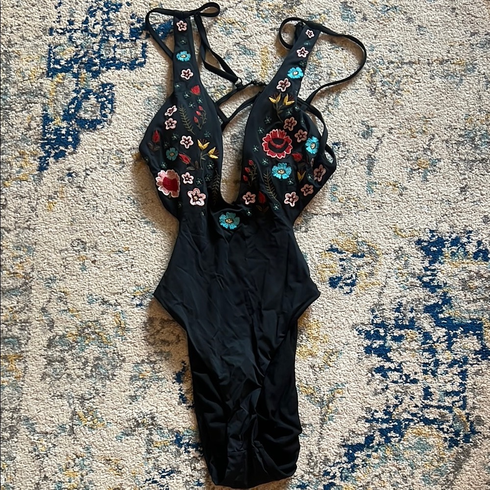 Floral Embroidered Black swimsuit. Medium. Worn once